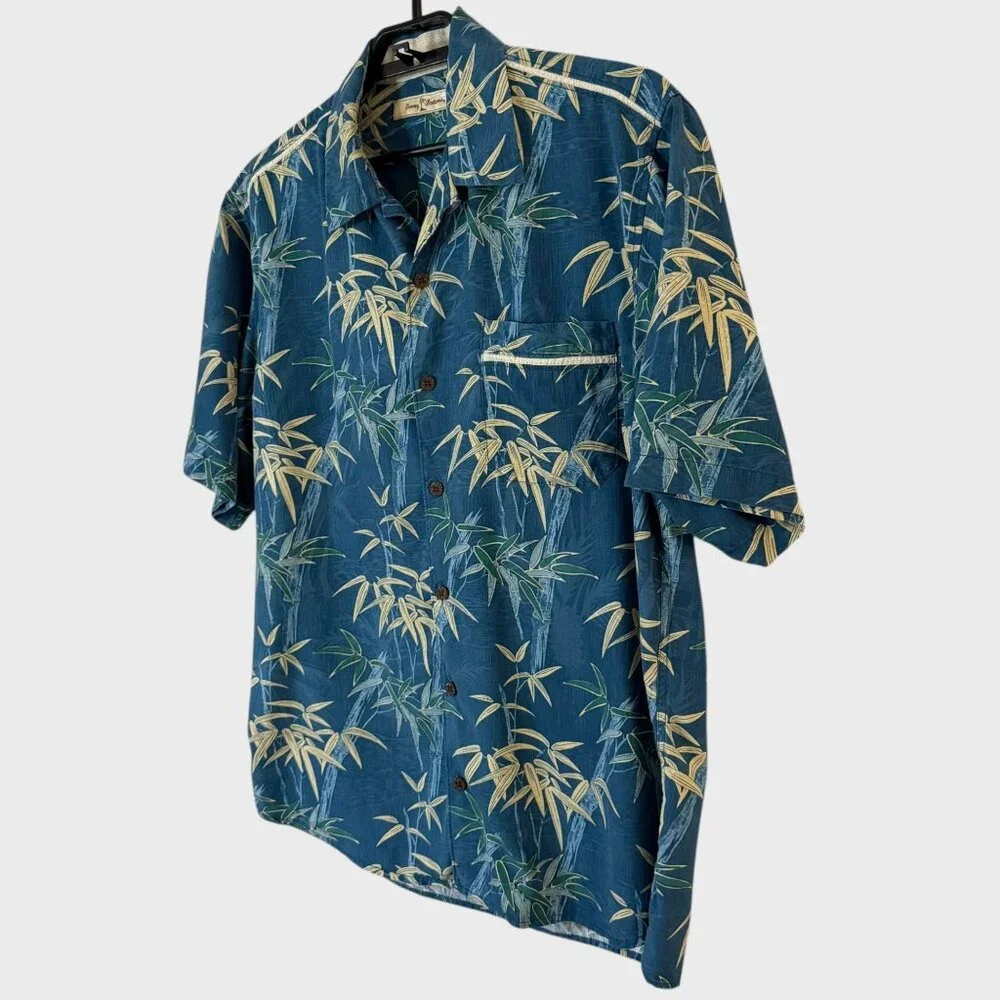 Tommy Bahama Bamboo Print Silk Camp Shirt Blue Mens Large S/S Hawaiian Button-Up